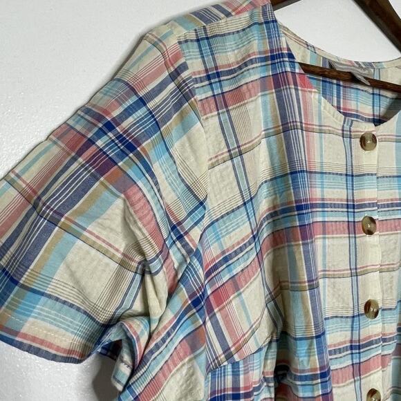 Woman Within Dress Womens 22W Neutral Plaid Button Front Midi Cottage Cabin - Picture 2 of 7